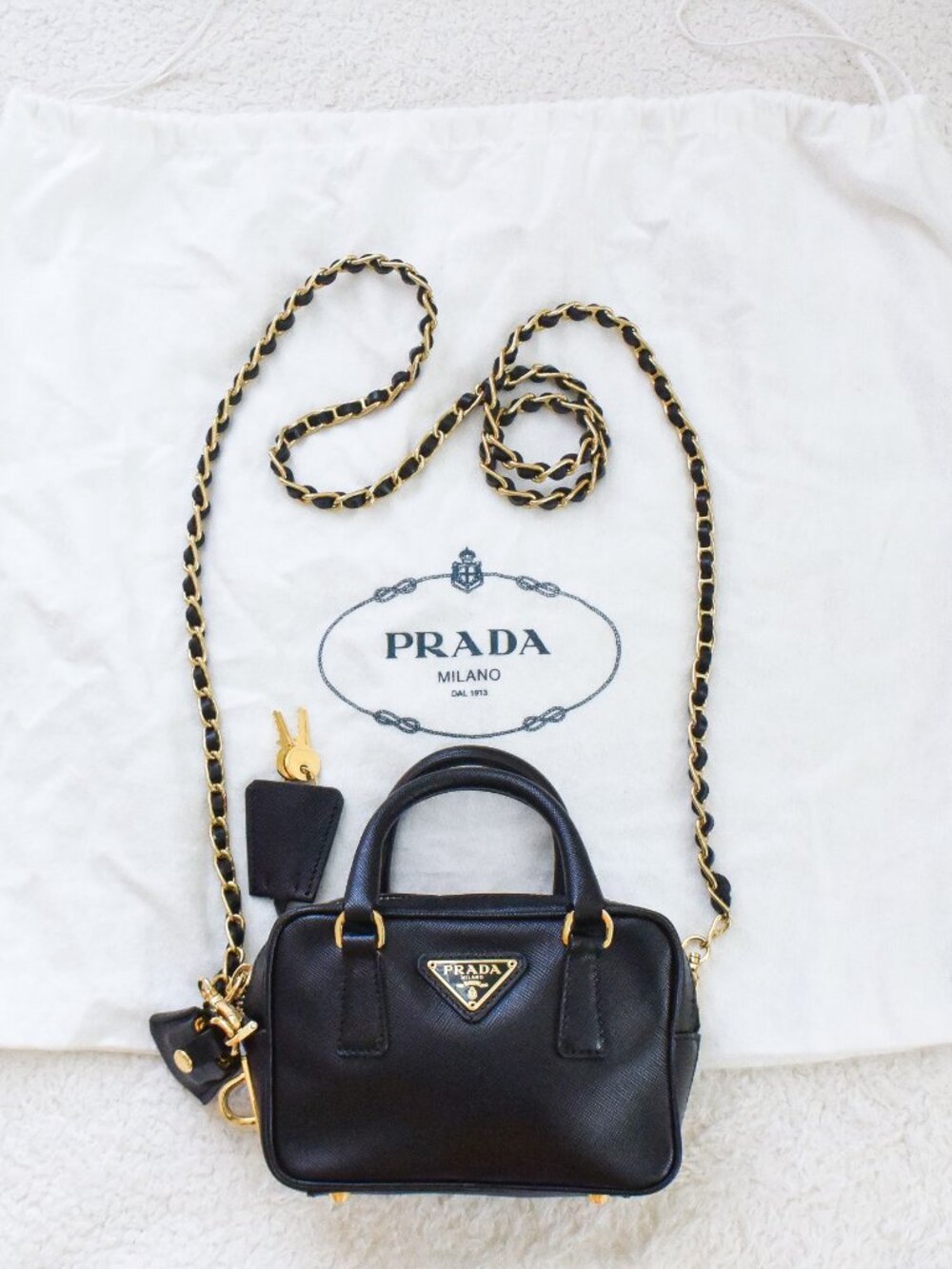 *PRADA* Saffiano Lux Mini Bauletto Black Leather Bag w/ Lock & Key